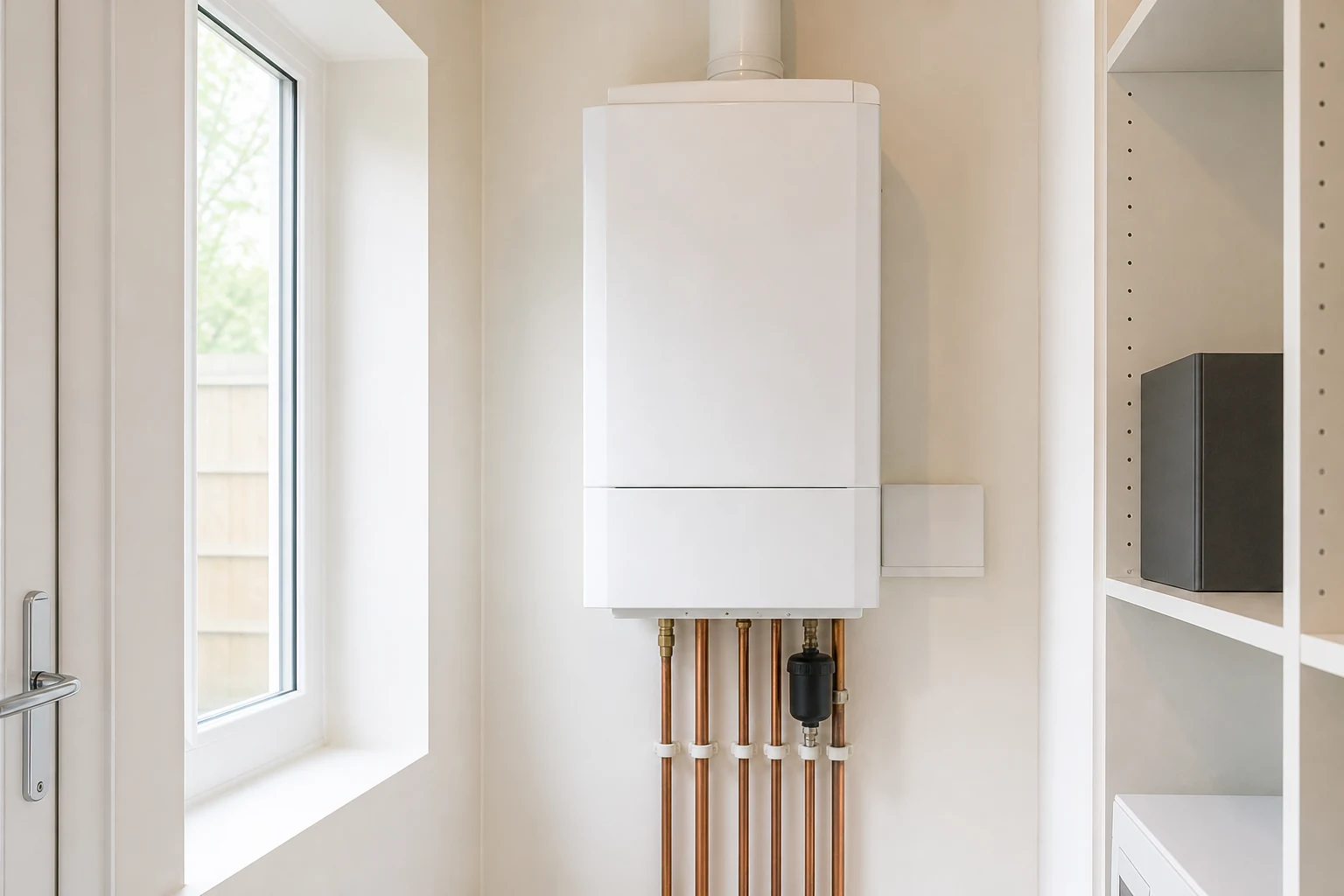 Clean domestic boiler installation with tidy pipework.