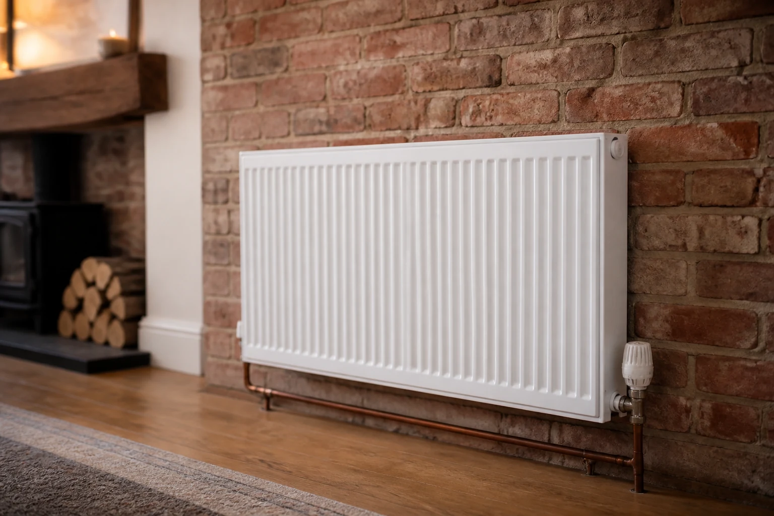 Clean radiator with valve and tidy pipework in a warm home.