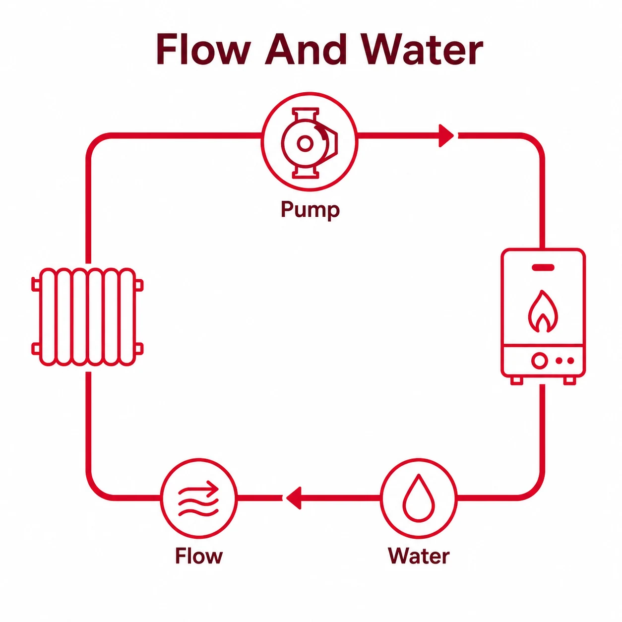 Graphic showing heating flow, pump and water quality checks.