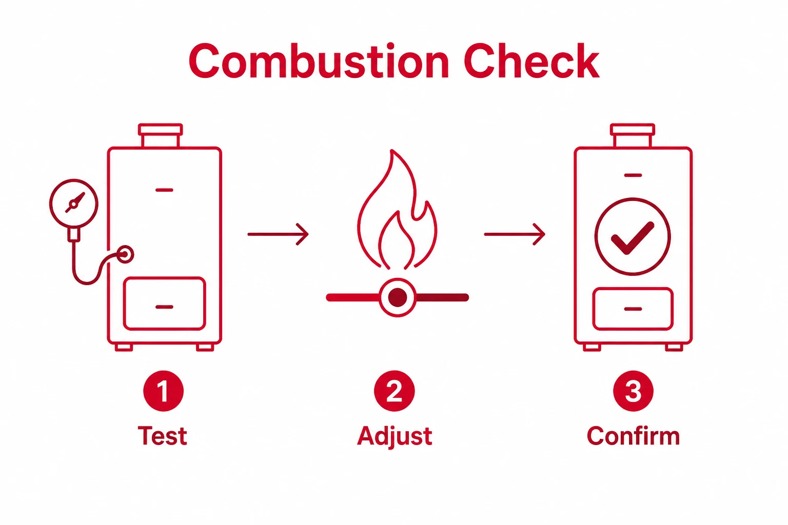 Graphic showing test adjust and confirm combustion check steps