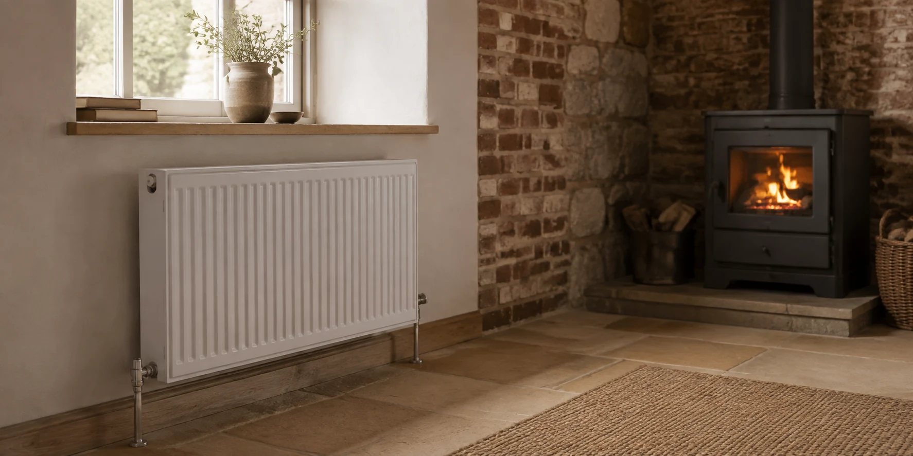 Clean radiator in a warm rustic home interior with a stove in the background