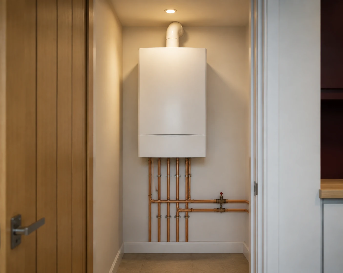 Tidy wall mounted boiler with neat pipework in a clean utility space