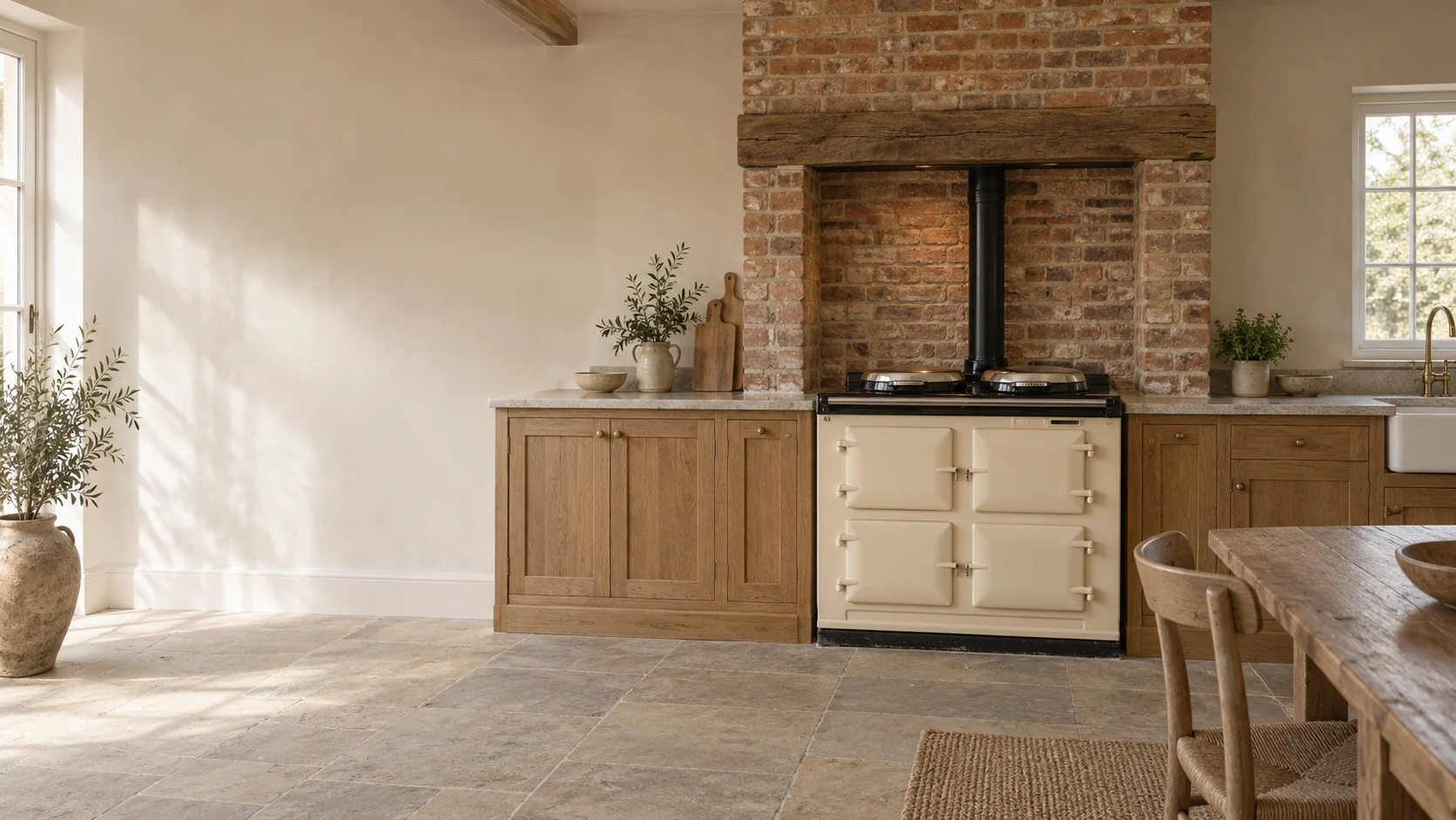 Cream range cooker with a black flue beneath a brick chimney breast.
